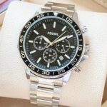 FOSSIL – 7AAA Premium Copy watch for Him . Black satin dial, chronograph movement and full silver metal strap