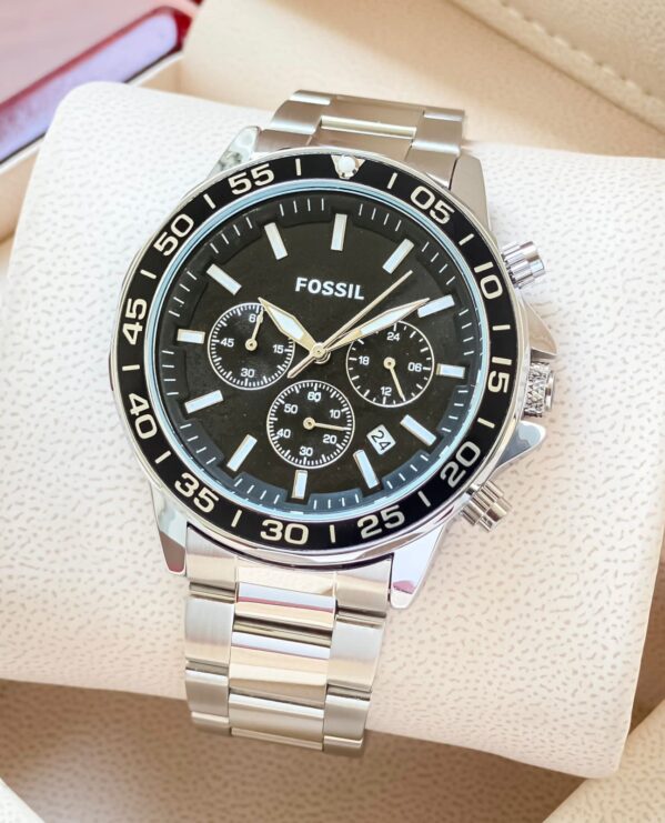 FOSSIL – 7AAA Premium Copy watch for Him . Black satin dial, chronograph movement and full silver metal strap